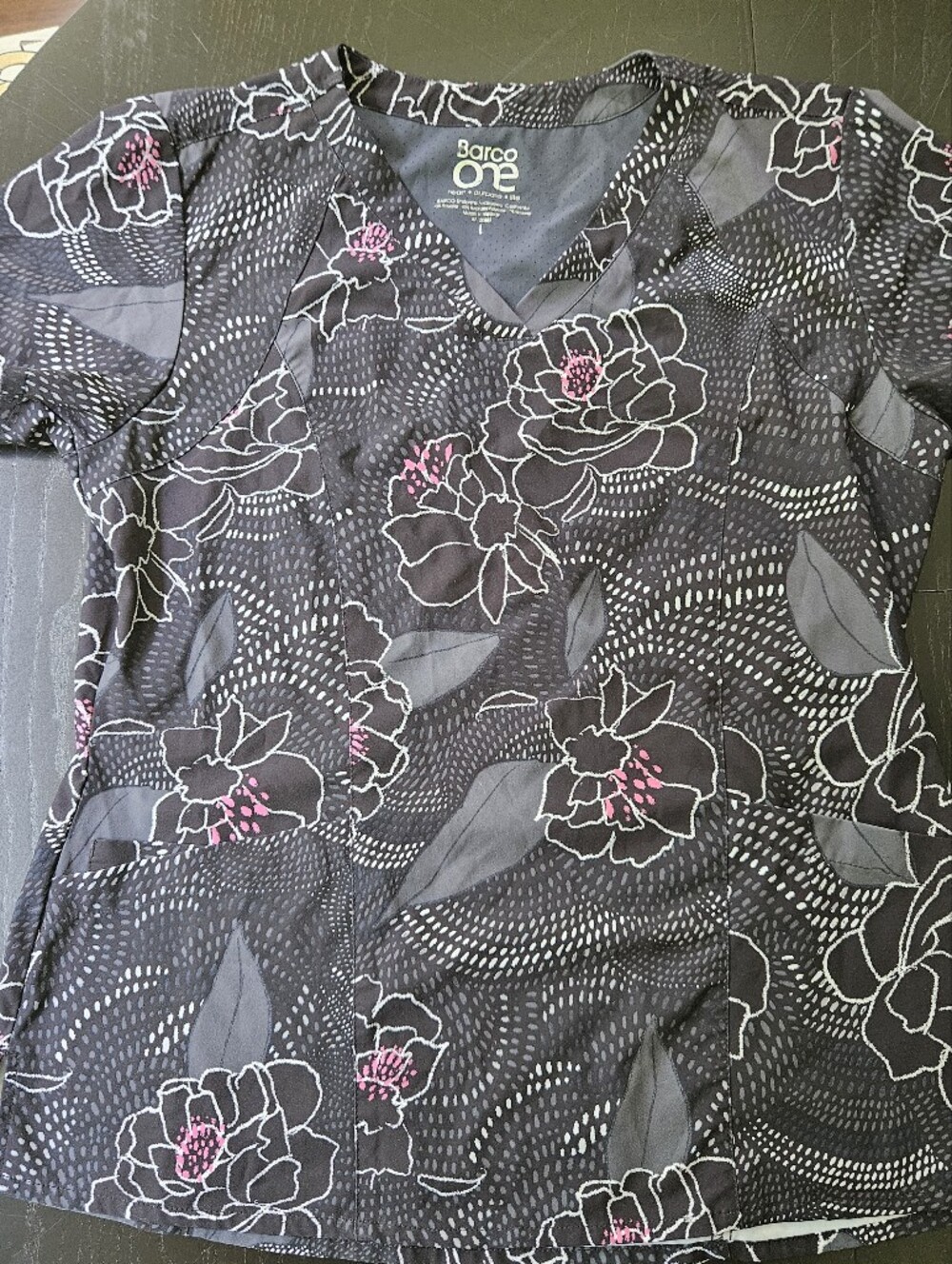 Barco One Cute Black Floral Print Scrub Top with Pink Accents